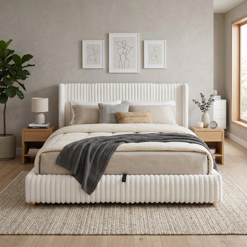 Lit plateforme tapissier moderne avec rangement à gaz, Très grand lit