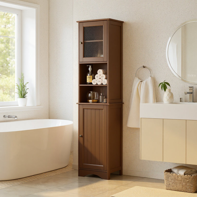 Armoire à linge de salle de bain autoportante haute de 67,1 po avec 2 portes Natyra, Marron foncé