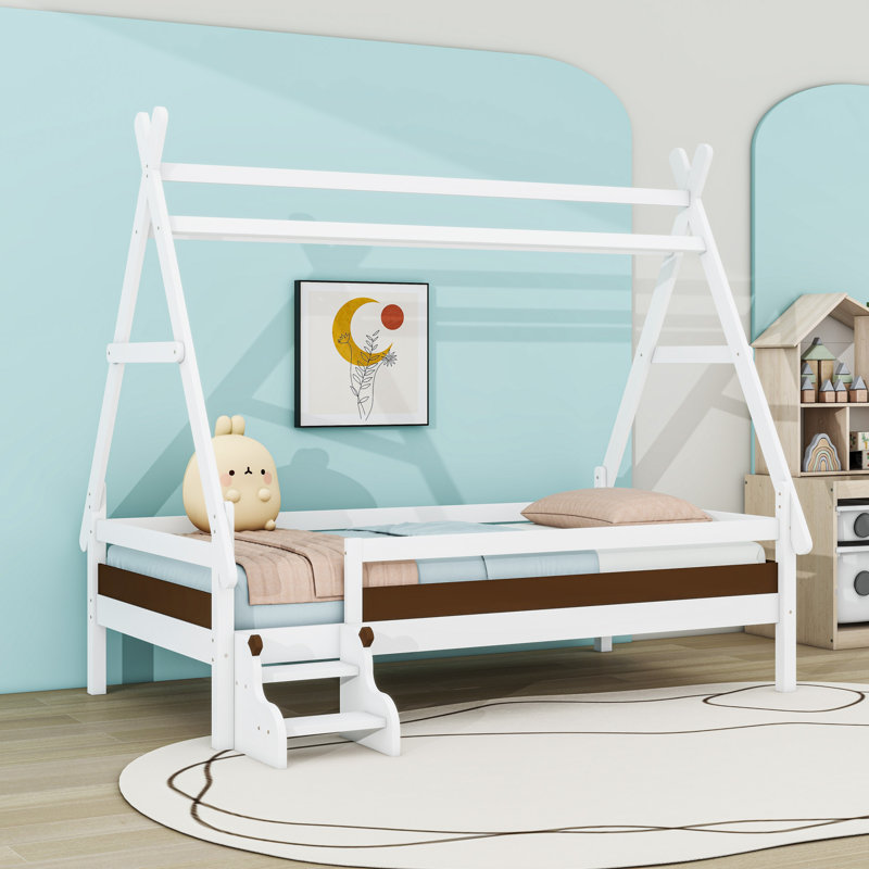 Lit plateforme en bois avec escalier, Simple, Blanc