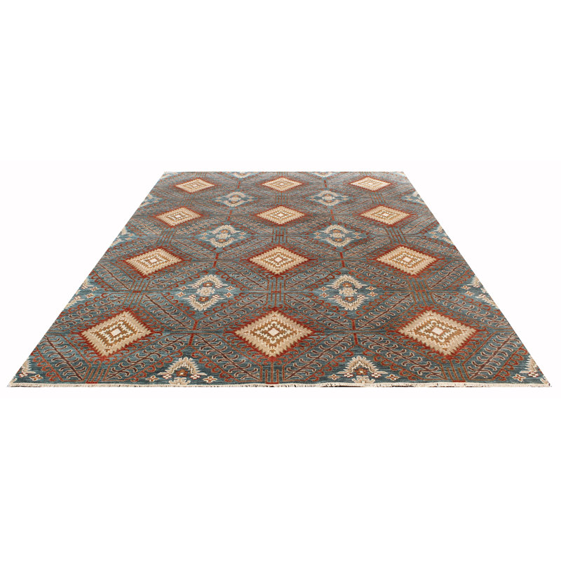Tapis en laine rouille vert noué à la main à motif géométrique audacieux à motif de losanges du sud-ouest