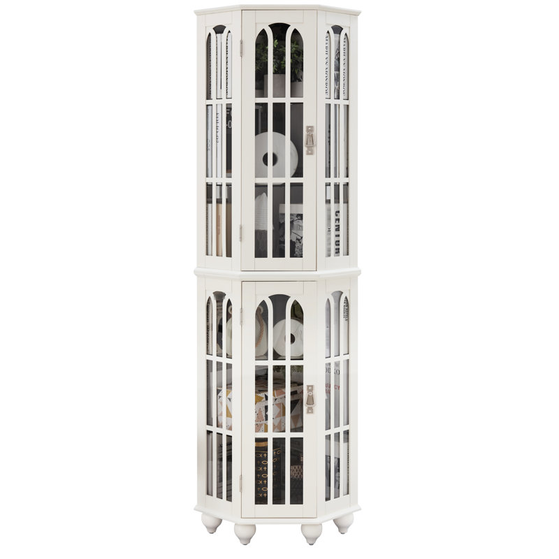 Vitrine blanche avec 4 tablettes réglables et éclairage mobile en verre trempé, White