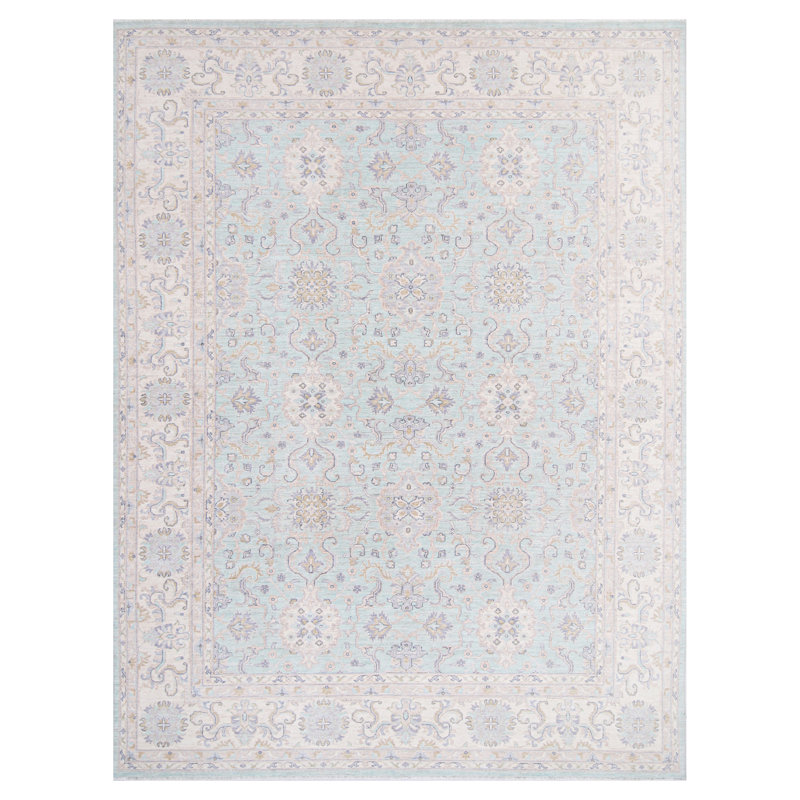 Tapis bleu clair et ivoire noué à la main de haute qualité