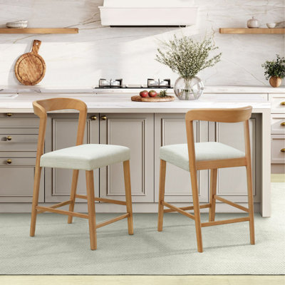 Tabourets de comptoir modernes en chêne naturel et beige, ensemble luxueux de 2 chaises de pub haut de gamme, sièges en bois d'hévéa à dossier courbé contemporain