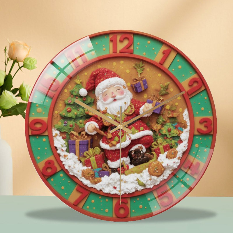 Santa-Delivers-Gifts-On-Clock Art - 12'' Modern Glass Wall Clock