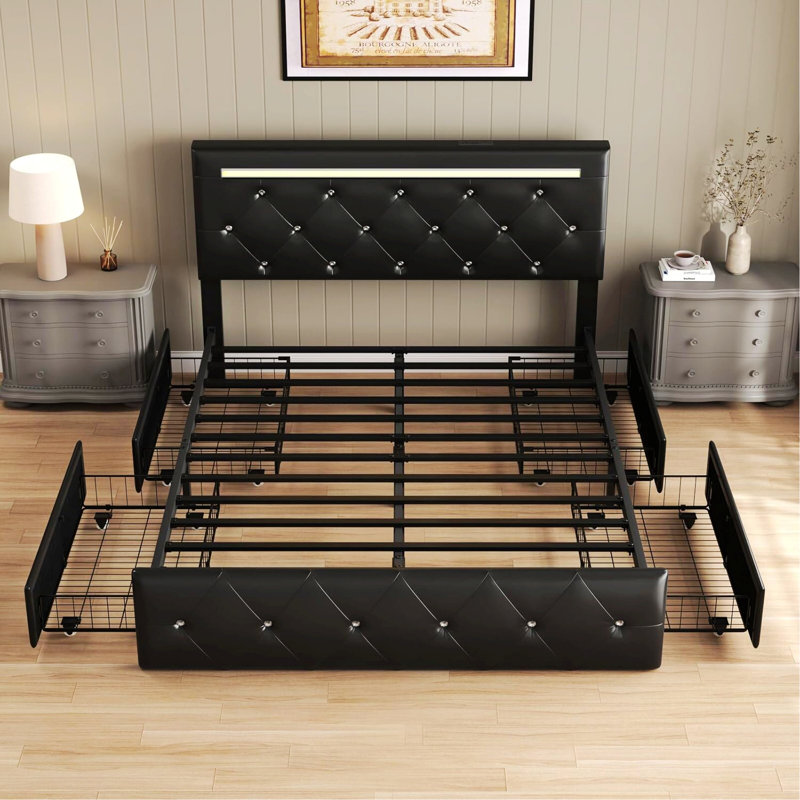 Bed Frame With LED Light And Storage Drawers, Upholstered Bed Frame With Adjustable Headboard, Charging Station, Grand lit