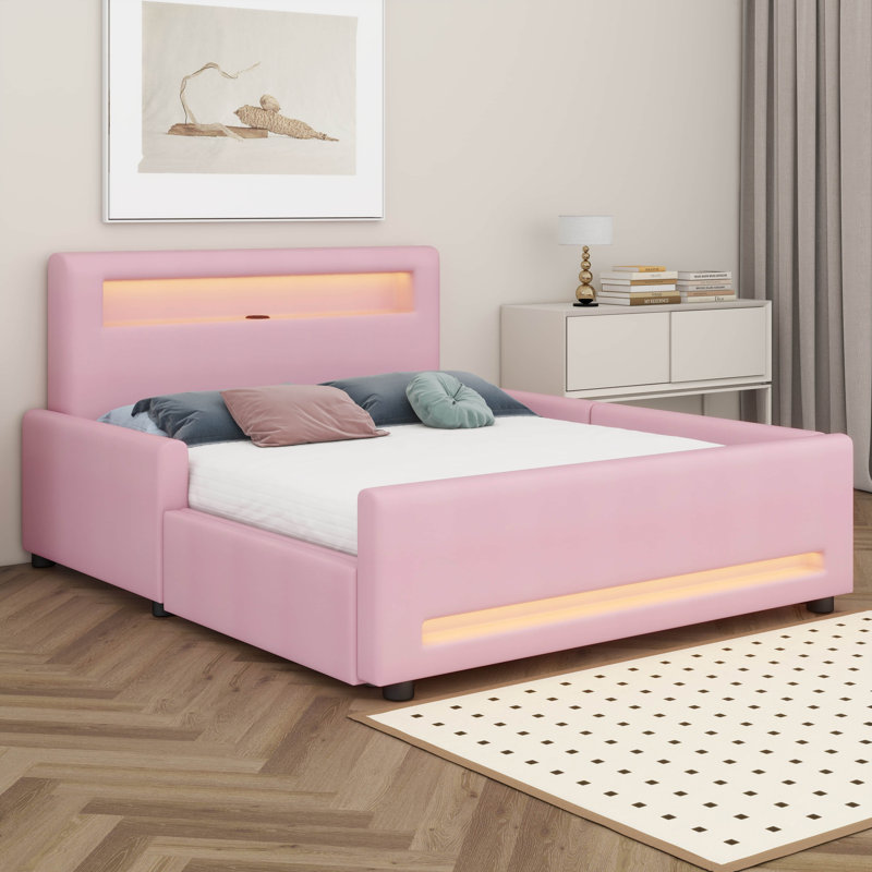 PU Upholstered Platform Bed With Drawer, LED Light Strip&USB Port, Full, Pink