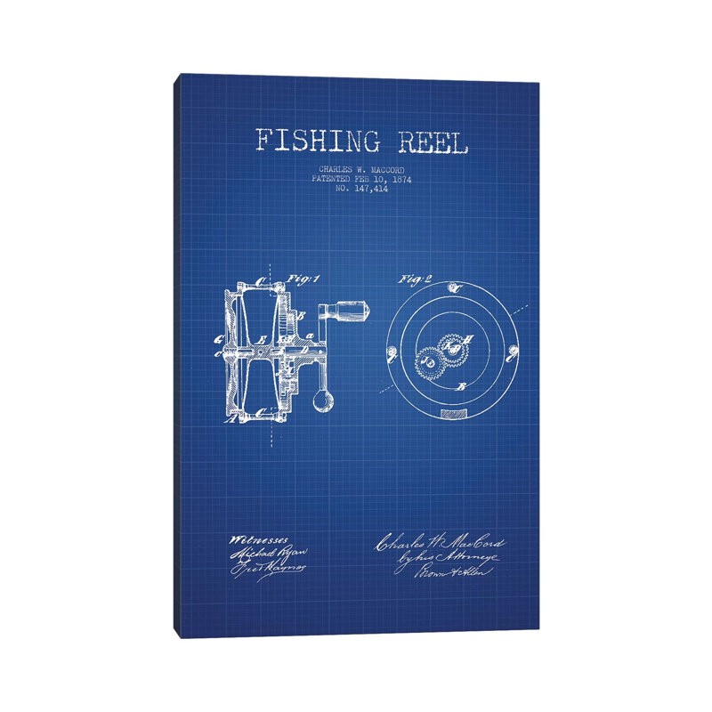 Charles W. MacCord Fishing Reel Patent Sketch (Blue Grid) by Aged Pixel - Wrapped Canvas Gallery-Wrapped Canvas Giclée