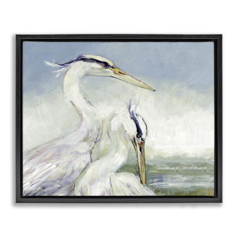 «Scenic Beach with Two Egrets Floater», art mural par Susan Winget, Cadre flottant noir de jais, H 17 po x l 21 po