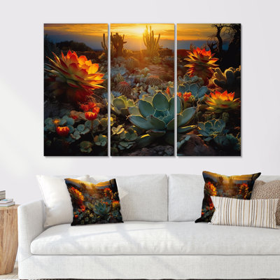 Succulent Desert Cactus Field Burning Sunset - Succulent Wall Art Set