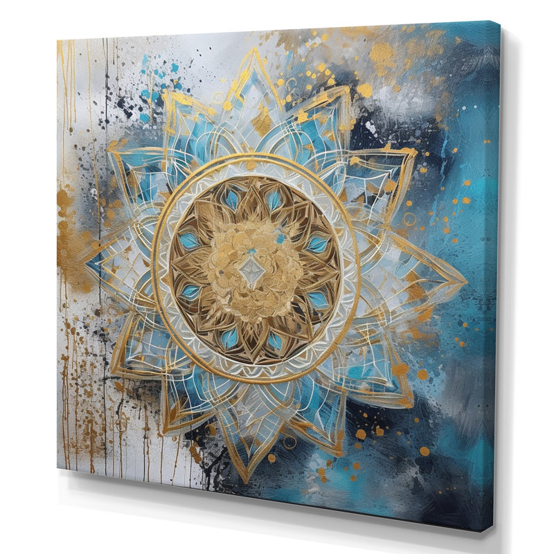 Bleu et or Mandala II - impression, H 36 po x l 36 po x P 1,5 po, Toile tendue