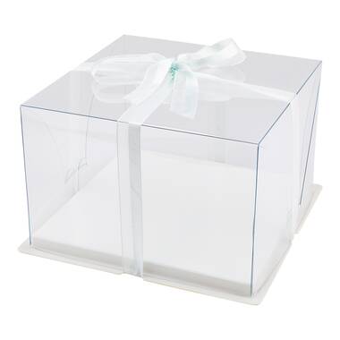 Sweet Vision Square Clear Plastic Cake Box - White Base, Gray Ribbon - 10 inch x 10 inch x 6 3/4 inch - 10 Count Box