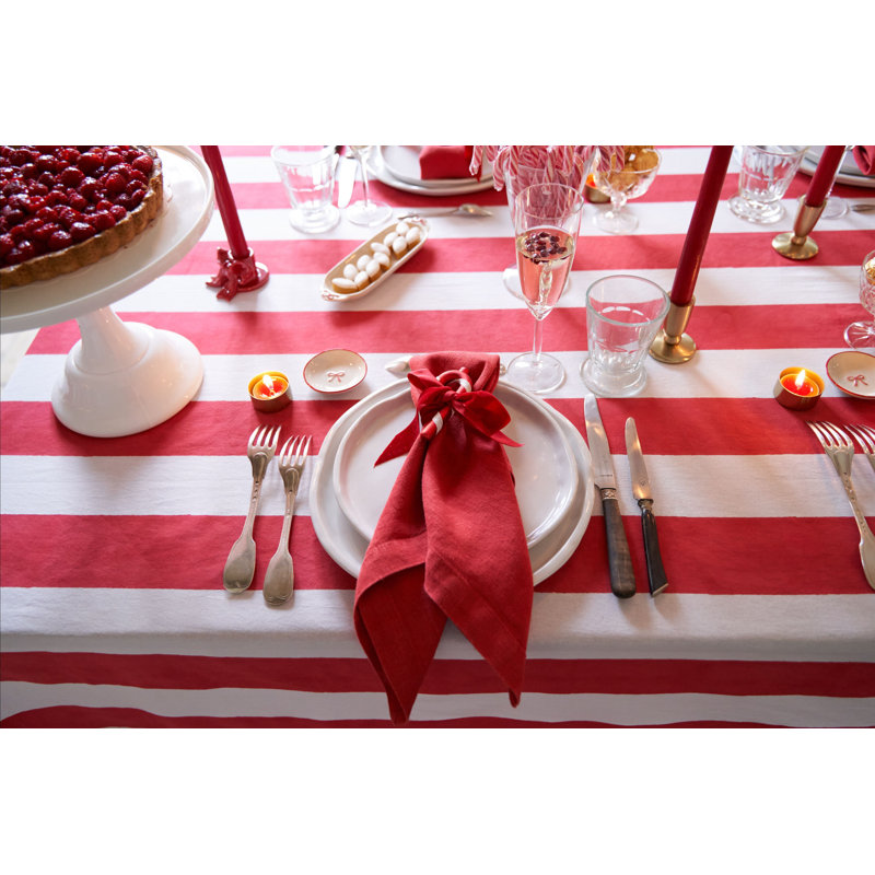 St. Tropez Handmade Striped Tablecloth, Red, 142" L x 71" W