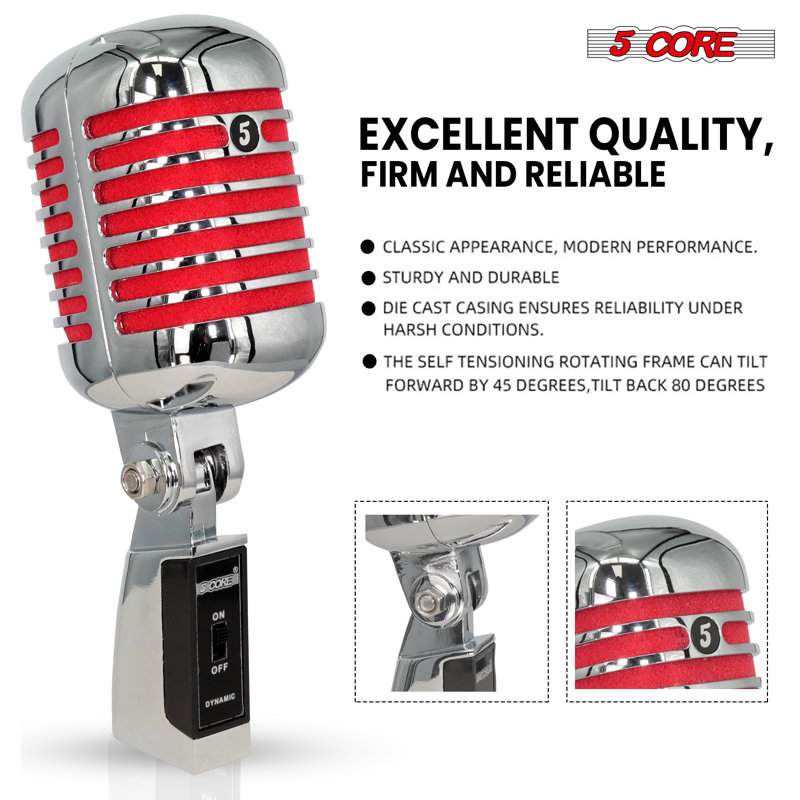5 Core Vintage Microphone Classic Dynamic Professional XLR Studio Retro Style Mic, Red