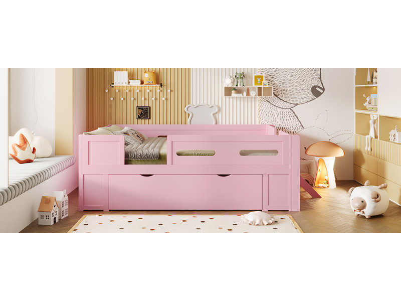 Lit plateforme en bois pleine grandeur avec garde-corps et tiroir, rose, Rose, Lit double