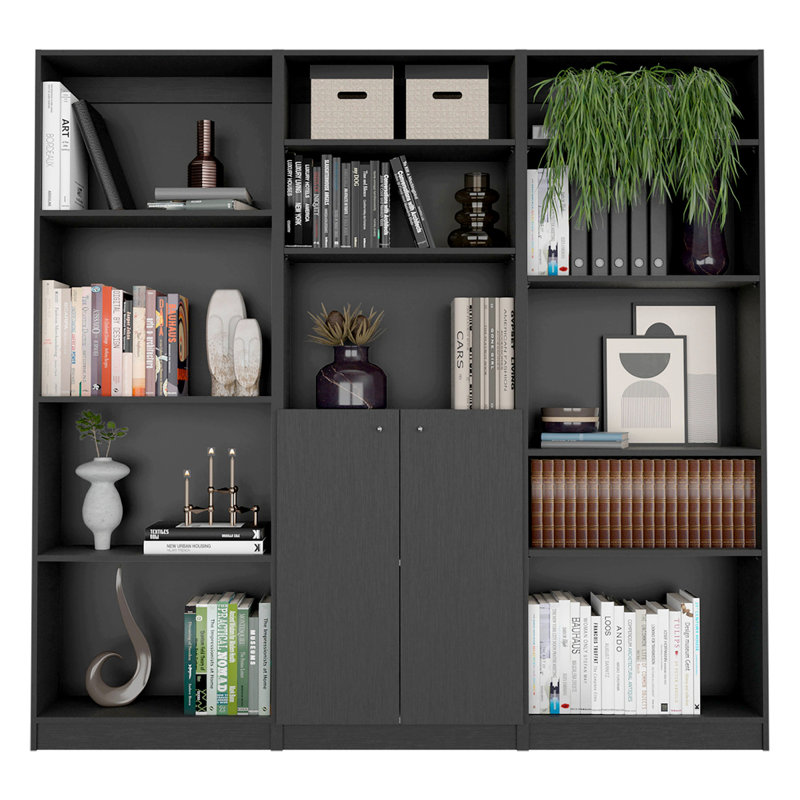 Ensemble de bibliothèque pour la maison, avec tablettes et armoire à 2 portes, ensemble de salon, Noir