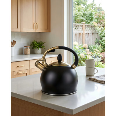 Bouilloire à sifflet en acier inoxydable de 2,7 pintes de qualité alimentaire en noir, poignée ergonomique incluse, livrée avec un gant en silicone résistant à la chaleur, compatible avec les surfaces de cuisson à induction, à gaz, électriques et radiantes.