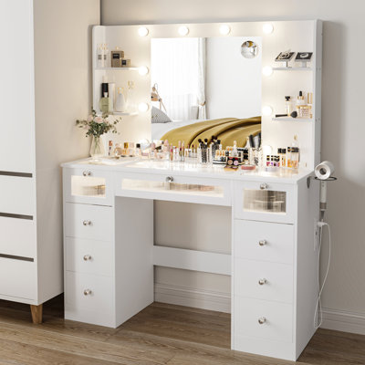 Bureau de coiffeuse blanc avec miroir lumineux, 3 modes de couleur, plateau en verre, 9 tiroirs, 4 tablettes et prise de courant - coiffeuse pour la chambre à coucher