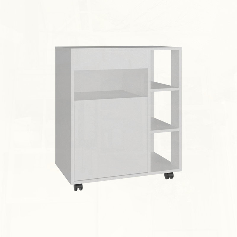 Support à micro-ondes blanc avec tablettes ouvertes et compartiment fermé