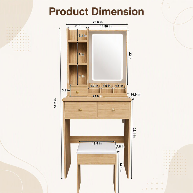 Petit meuble-lavabo moderne avec 3 modes d'éclairage DEL à luminosité réglable, 3 tiroirs et plusieurs tablettes de rangement ouvertes, un support pour sèche-cheveux et une prise de courant, ainsi qu'un fauteuil à langer.