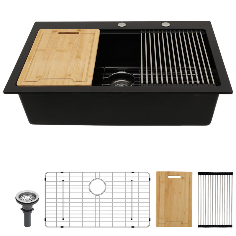 33X22" Black Quartz Workstation Drop - In Kitchen Sink, Made Of Advanced Quartz, Eliminates Vibration And Noise, Hard Non Porous Surface, Comes With Drying Rack Strainers Smooth Scratch, Reduces