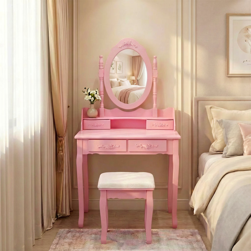 Pink Princess Vanity Desk Set With Mirror & Cushioned Stool, 4-Drawer Wooden Makeup Vanity Table For Girls' Bedroom, Dressing Table With Ample Storage