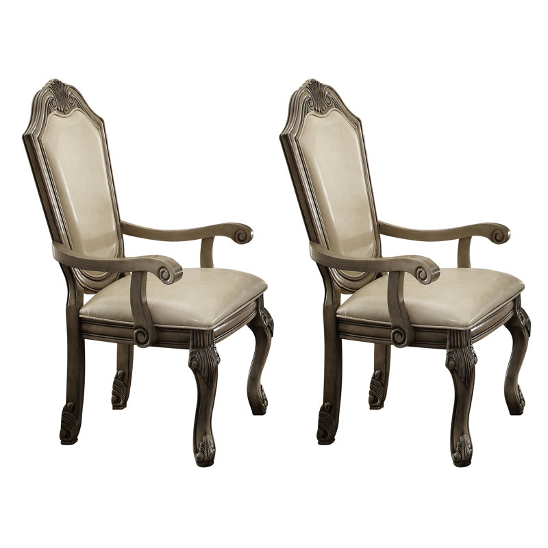 Of 2 Antique White Solid Back Arm Chairs For Dining, With Welt - Trim Seat Cushion, Arched Comfort, Queen Legs Raised Flowers 2, White, Chairs, Luxury Dining Seats, Trimmed , Exquisite