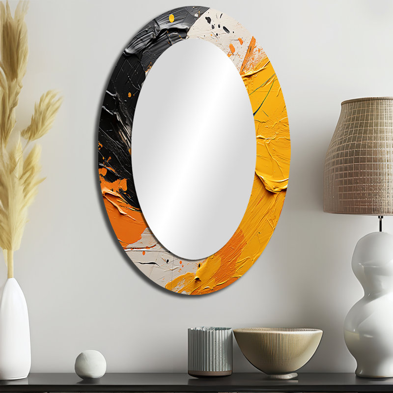 Abstrait collage en spirale jaune et noir abstrait - miroir mural moderne, H 36 po x l 24 po