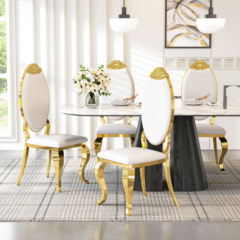 Kamien Solid Back Side Chair Dining Chair With Stainless Steel Legs, Gold, White