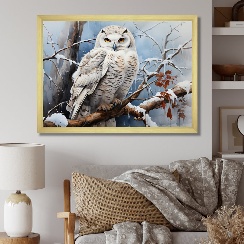 Winter Snowy Owl Landscape - Art mural paysage d'hiver, H 12 po x l 20 po x P 1 po, Cadre doré à une seule photo