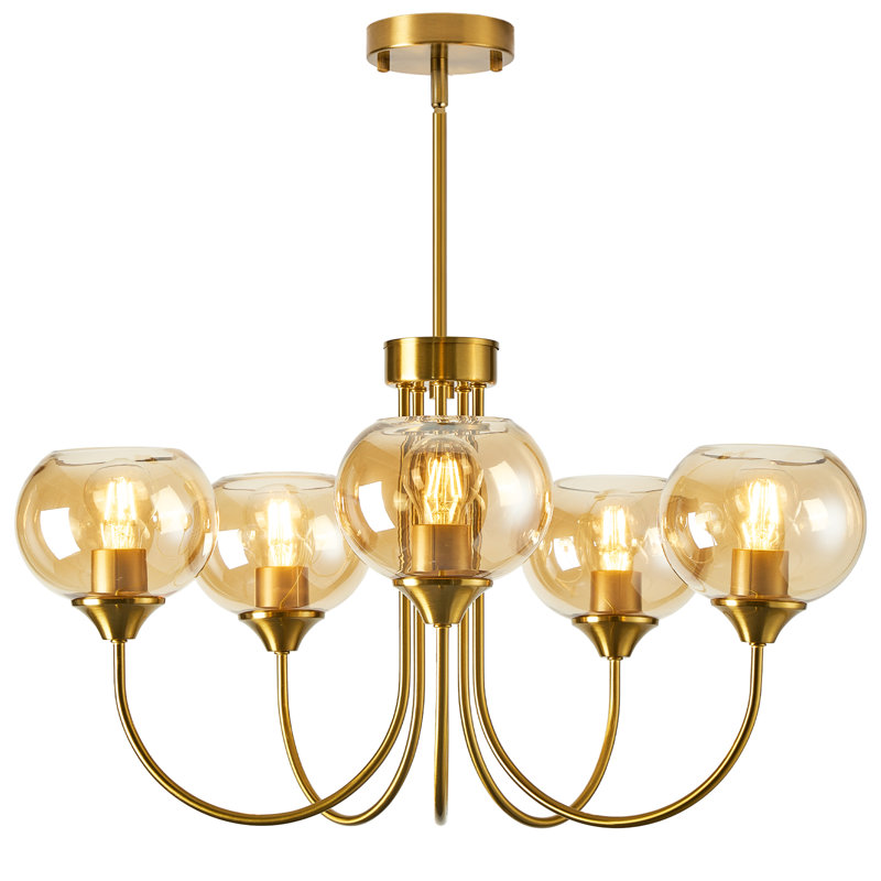 26” Mid Century Modern Chandelier, 5-LightPendant Light with  Amber Glass, Amber, Suspension Chain, 5 Lights
