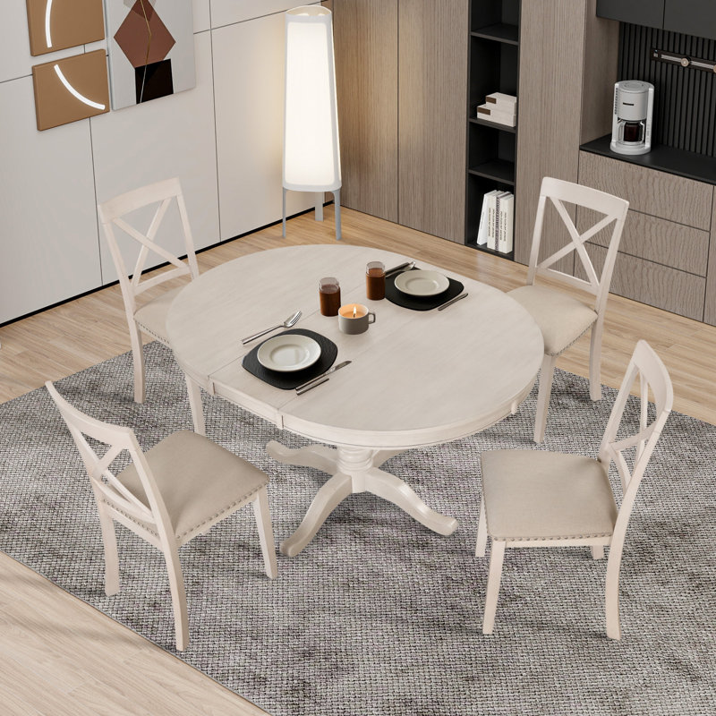 Ensemble de table de salle à manger 5 pièces Kawliga, table de salle à manger extensible ronde en bois et 4 chaises rembourrées