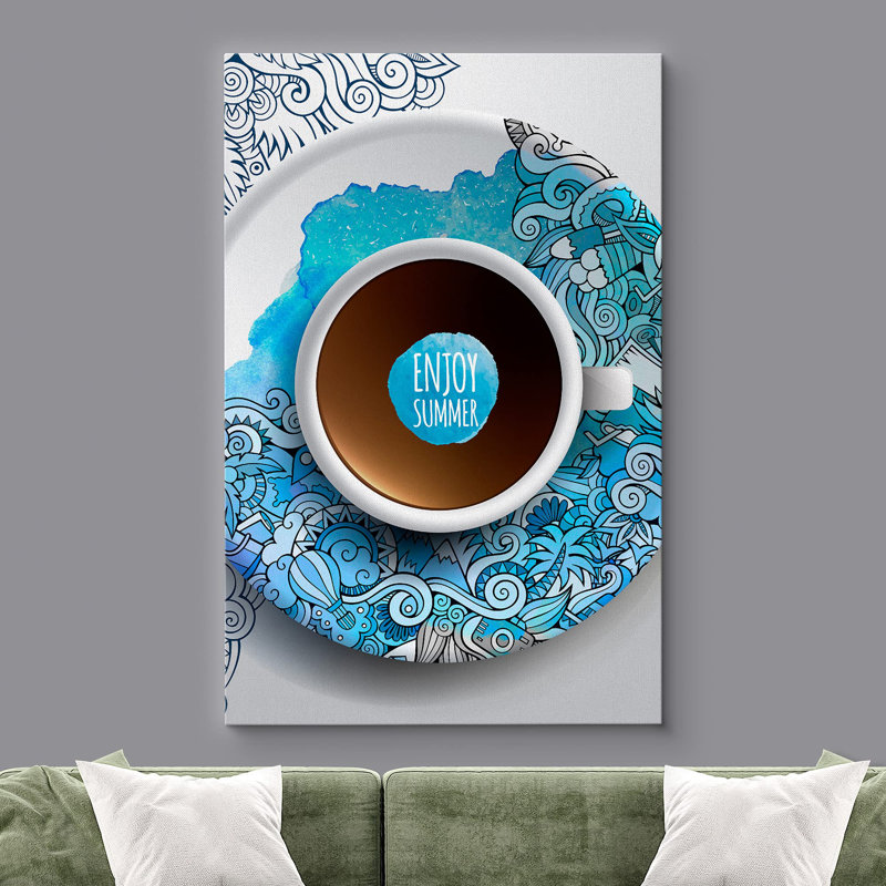 Enjoy Summer Cup of Coffee on Blue Plate Modern Home Art, H 36 po x l 24 po