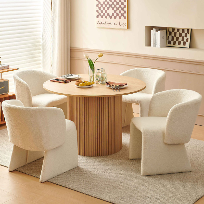 5-Piece Dining Table Set, Wood Top, Faux Fur Armchairs, Oak, Oak, White