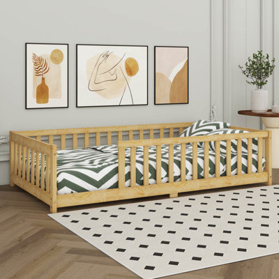 Floor Bed with Fence (No Door), Rubber Wood Floor Bed with Safety Guardrails