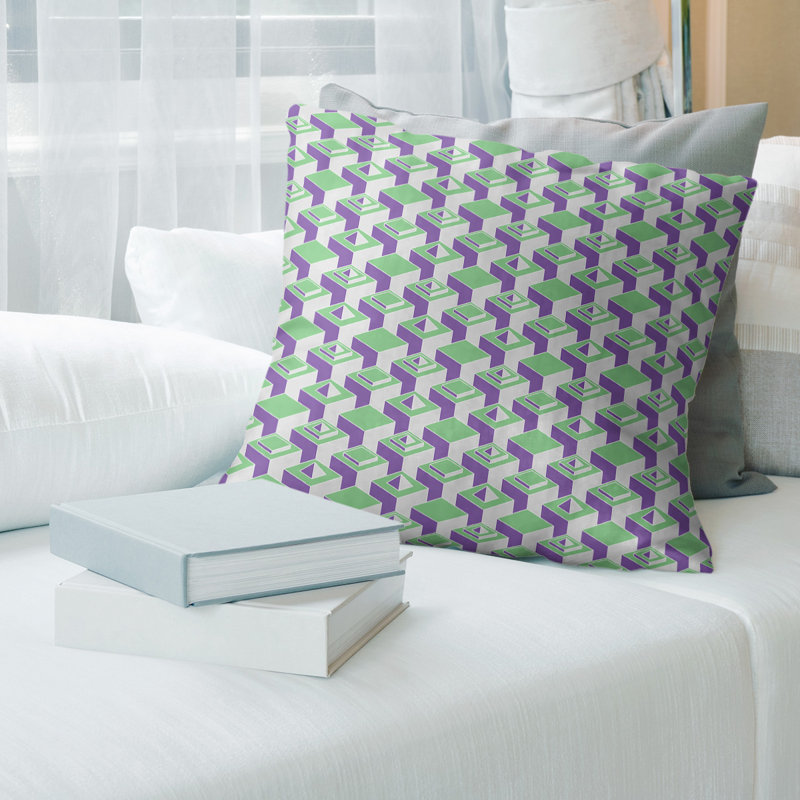 Housse de coussin Skyscrapers, 14 po x 14 po, Vert chaud / mauve, Croisé en coton