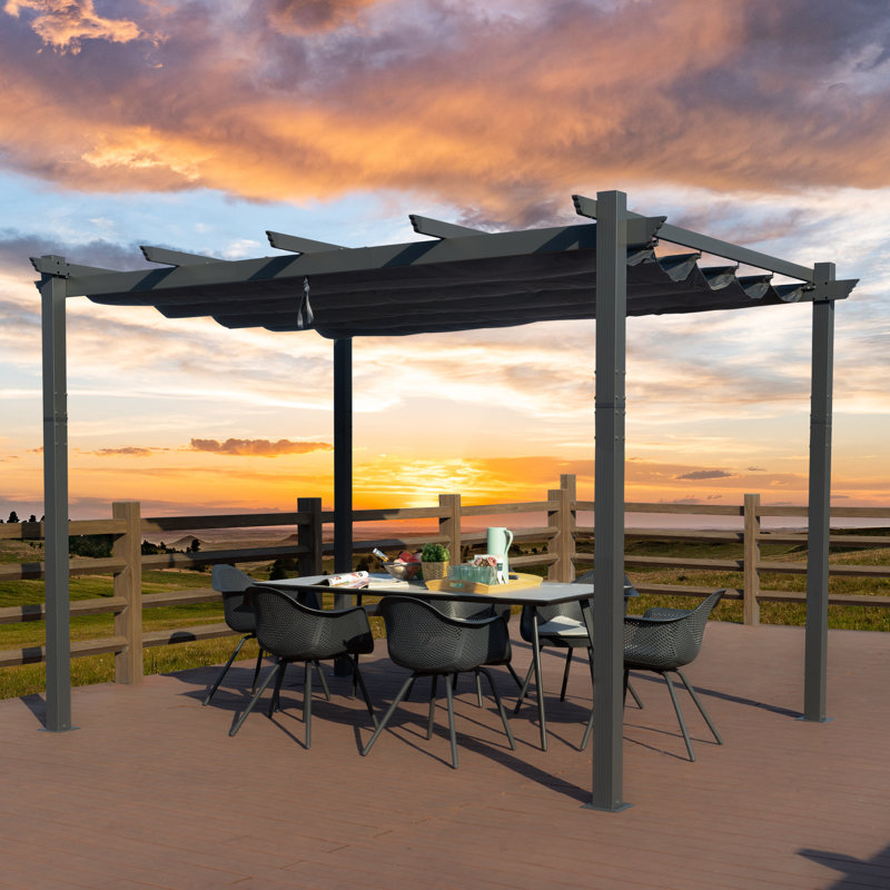 Gray Aluminum Outdoor Pergola with Retractable Canopy 10' x 13'