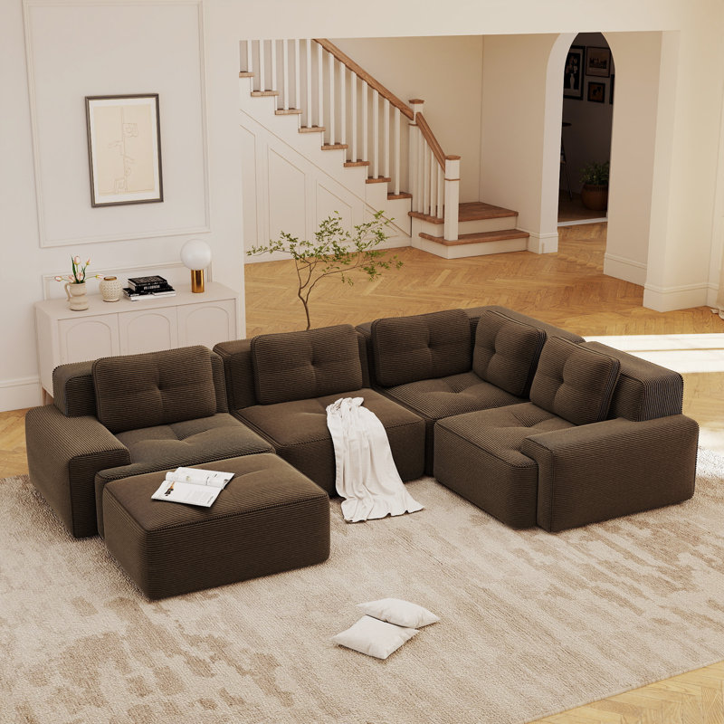 Ensemble de salon modulaire 4 places avec repose-pieds, canapé modulaire en velours côtelé profond, sans assemblage, brun chocolat