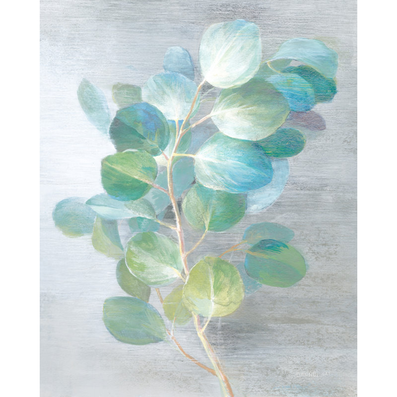 Branches sur fond blanc et gris, eucalyptus, bleu, cyan, bleu sarcelle, vert, plante, nature, H 24 po x l 48 po x P 1,5 po