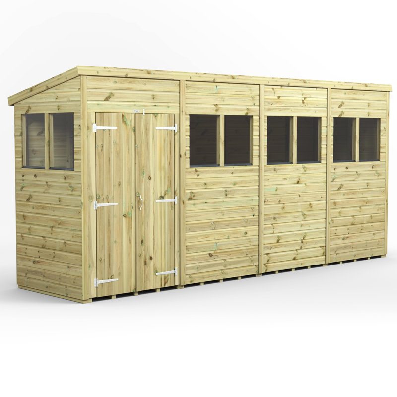 Powersheds 16 x 4ft Premium Pressure Treated Timber Pent Garden Shed, Double Doors