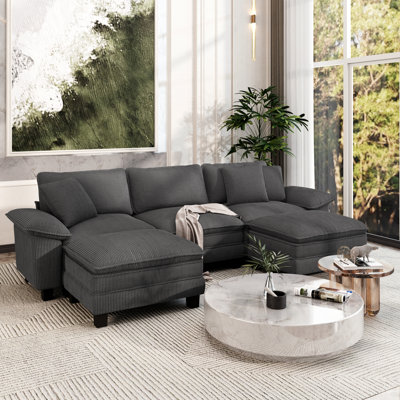 124" Modular Sectional Sofa, Oversized U Shaped Couches With Ottomans, 5-seater Deep Seat Sofa With Throw Pillow