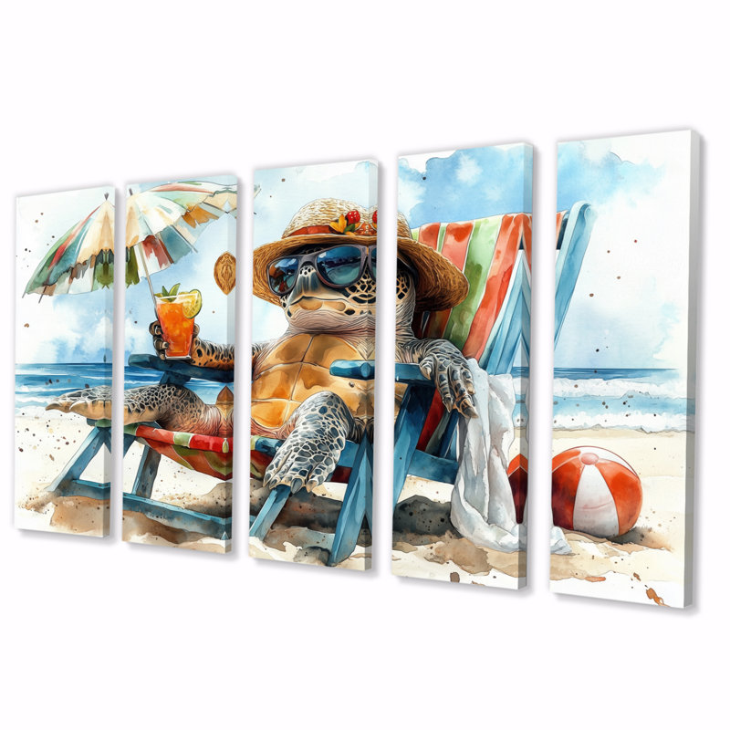 Tortue sur la plage relaxante - ensemble d'art mural animaux côtiers, H 32 po x l 80 po