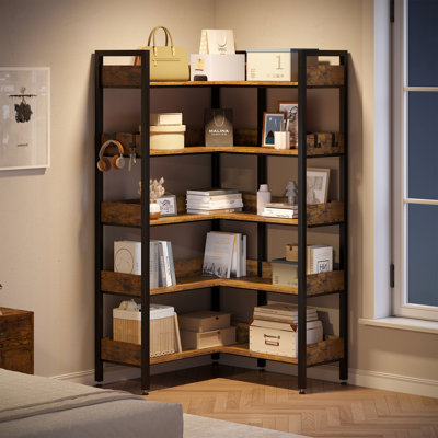 Bibliothèque de coin 65,4 po à 5 niveaux, tablette de rangement convertible avec 4 crochets, grande étagère en bois avec cadre en métal, rétro