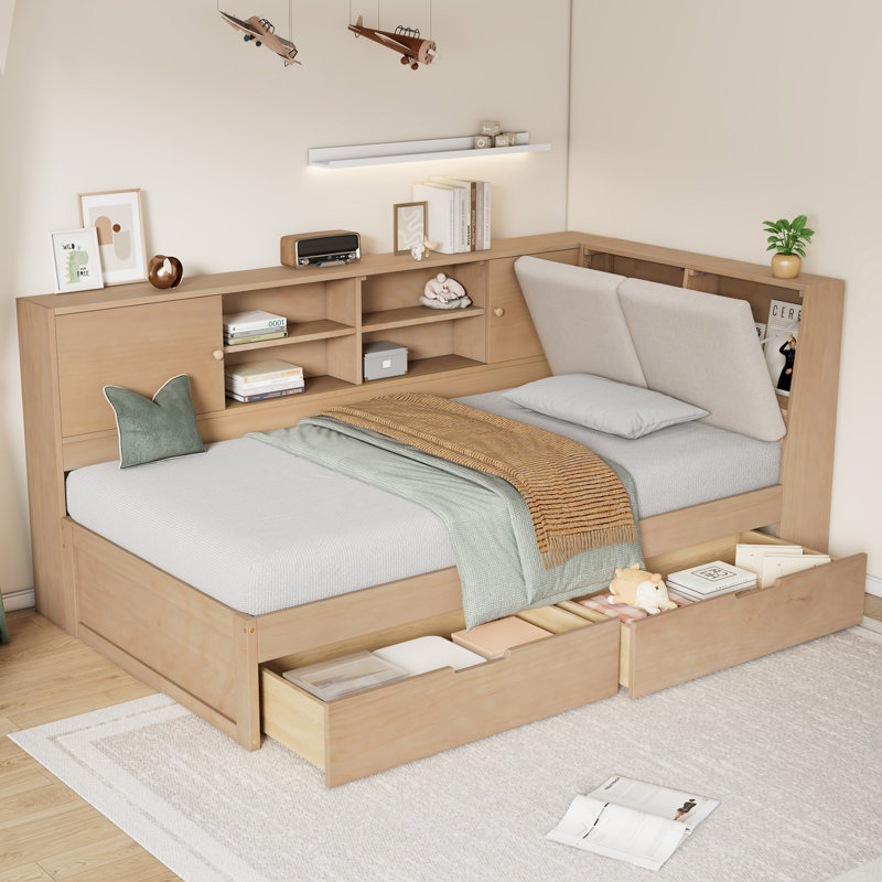 L-shaped Daybed Corner Bed Under-bed Drawers with Storage Bookcase, Natural, Twin