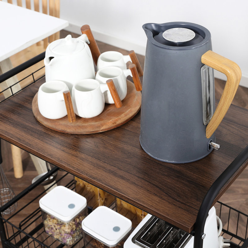 Chariot de cuisine à 3 niveaux avec rangement, 2 crochets coulissants et latéraux, noyer, polyvalent compact pour la cuisine, rangement dans la salle à manger et rangement idéal pour la salle de bain