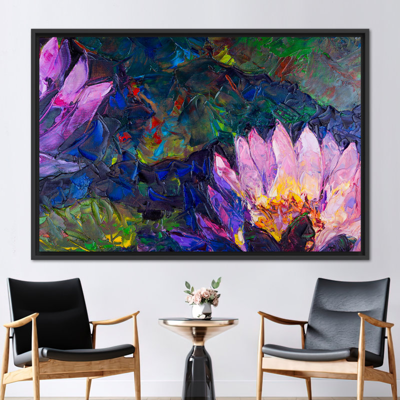 Abstrait fleur de lotus, art mural moderne rose pour décoration contemporaine, H 41 po x l 94 po, Noir