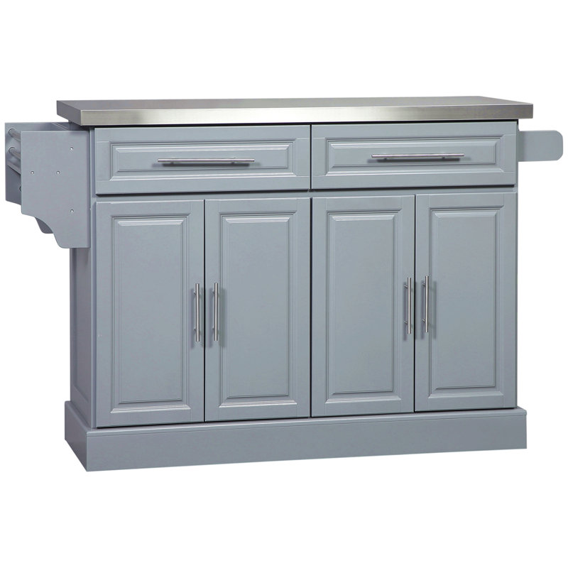 Îlot de cuisine roulant avec rangement, chariot de cuisine portable avec plateau en acier inoxydable, 2 tiroirs, porte-épices, porte-serviettes et armoires
