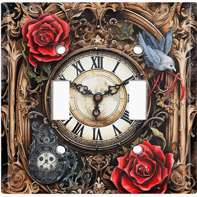Metal Light Switch Plate Cover; US Standard Size 2 Gang Toggle - Traditional Clock