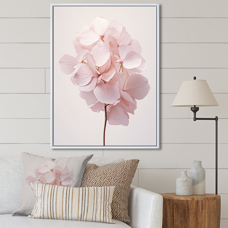 Hydrangées roses chuchotant des pétales sur toile, H 20 po x l 12 po x P 1 po, Cadre flottant blanc