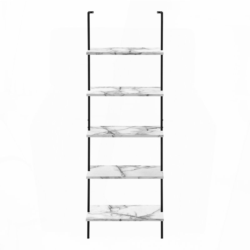 Bibliothèque, bibliothèque, étagère, échelle, 5 niveaux, h 72 po, bureau, chambre à coucher, stratifié aspect marbre blanc, métal noir, contemporain, moderne