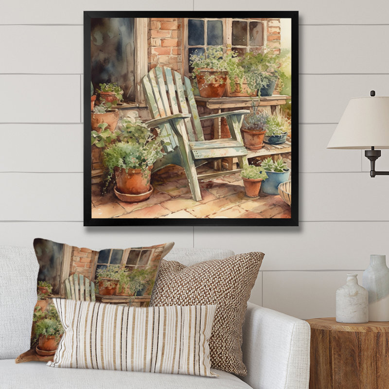 Fauteuil Ruot entouré de plantes I sur toile, Cadre photo noir, H 16 po x l 16 po x P 1 po